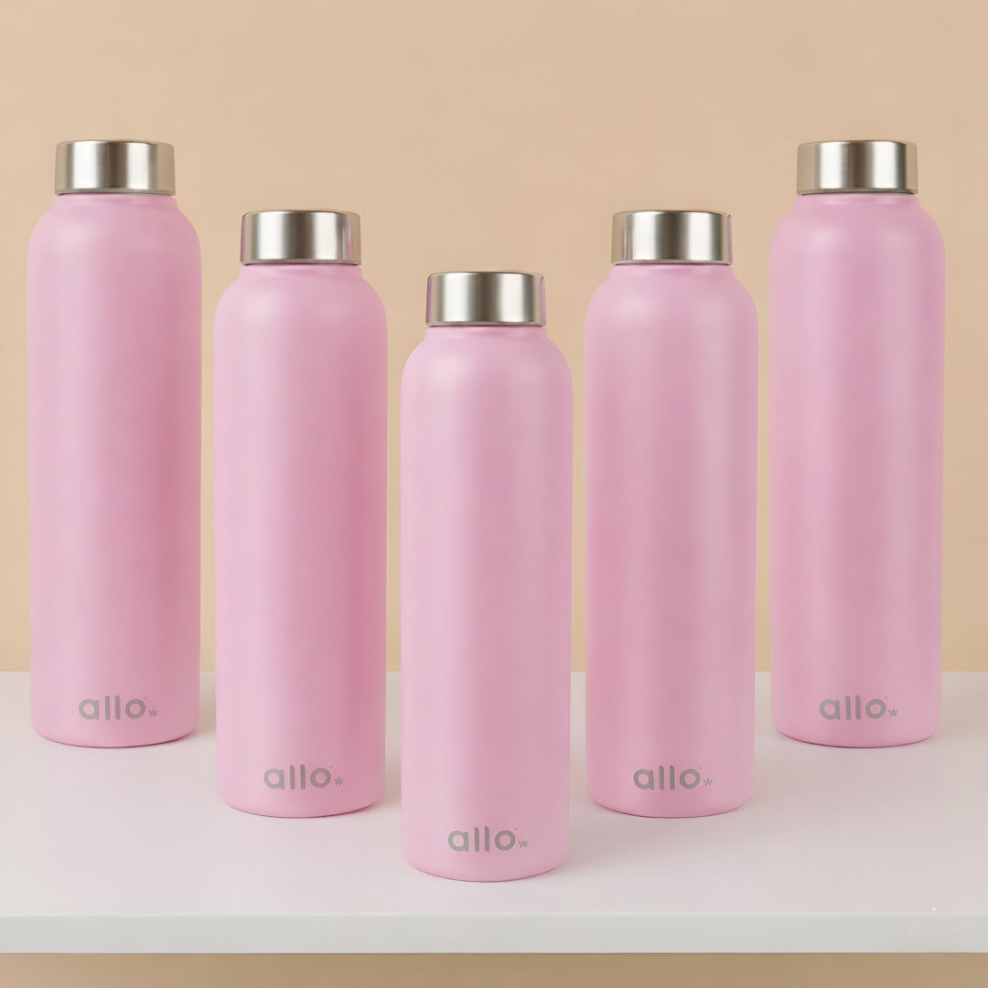 Allo Stainless Steel Water Bottle For Adults, Kids 0.95 Litre Water Bottles For School, Office, Sports, Gym 950ML Water Bottle For Men And Women, Pack Of 5 | Leak Proof & Bpa Free, Pink Steel Cap