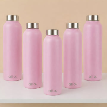 Allo Stainless Steel Water Bottle For Adults, Kids 0.95 Litre Water Bottles For School, Office, Sports, Gym 950ML Water Bottle For Men And Women, Pack Of 5 | Leak Proof & Bpa Free, Pink Steel Cap