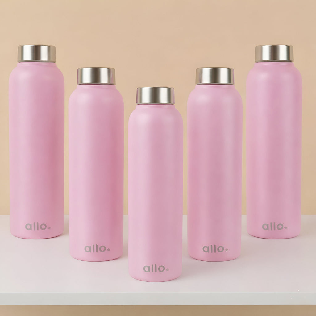 Allo Stainless Steel Water Bottle For Adults, Kids 1 Litre Water Bottles For School, Office, Sports, Gym 1L Water Bottle For Men And Women, Pack Of 5 | Leak Proof & Bpa Free, Pink Steel Cap
