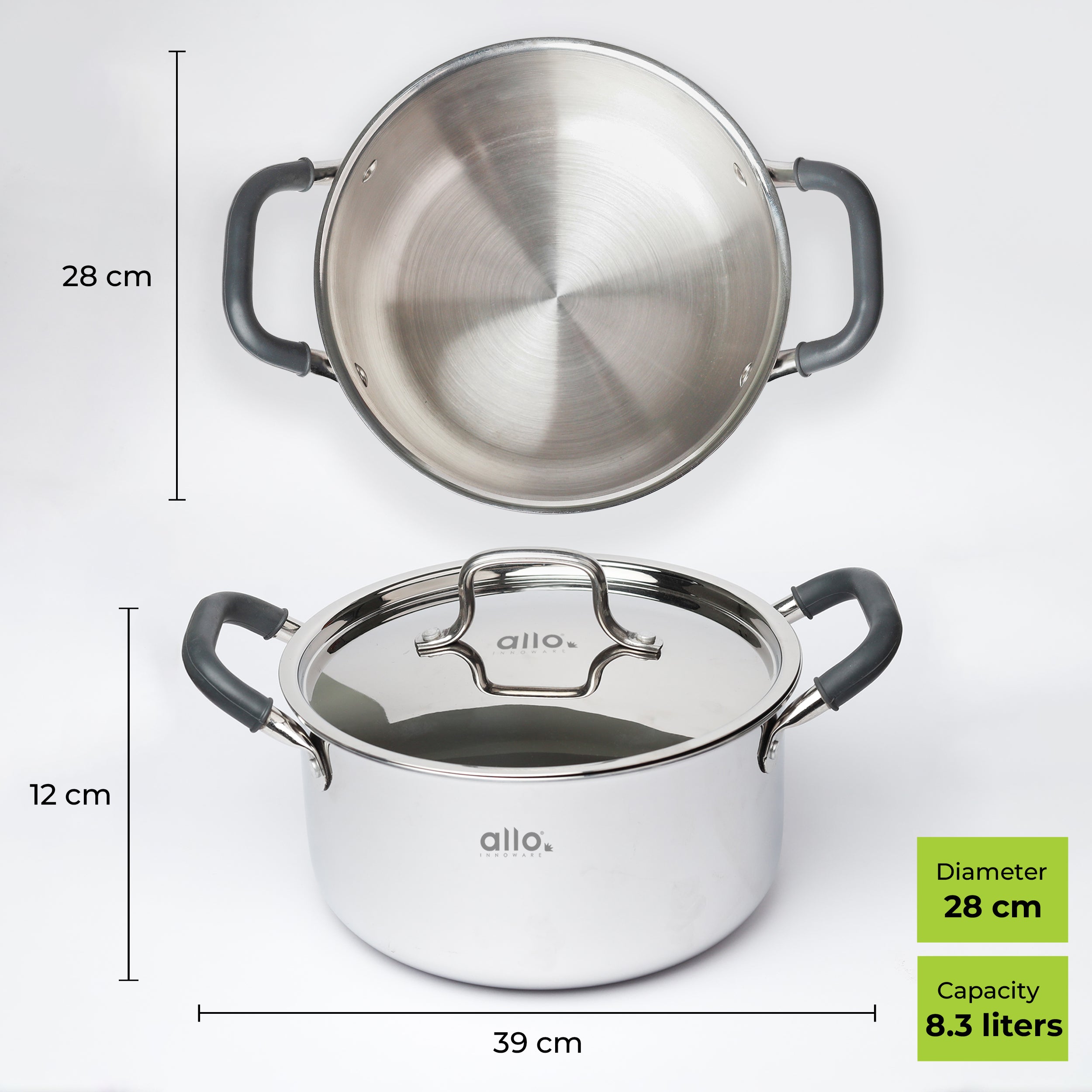 Allo CookSafe TriPly Stainless Steel Casserole Saucepot Stockpot with Stainless Steel Lid Induction Friendly, Naturally Non Stick, 28cm, 8.3 Litre