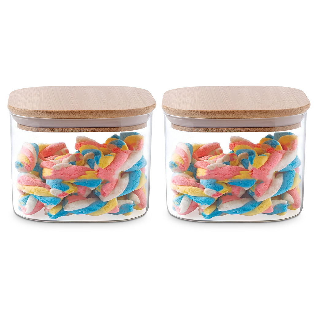 Allo 220ML Kitchen Storage Box Glass Jars With Wooden Lids - Borosilicate Glass Food Storage Containers Airtight Glass Jar For Tea, Coffee, Spice, Pulses, Masala (Square Glass Jar - Set of 2)