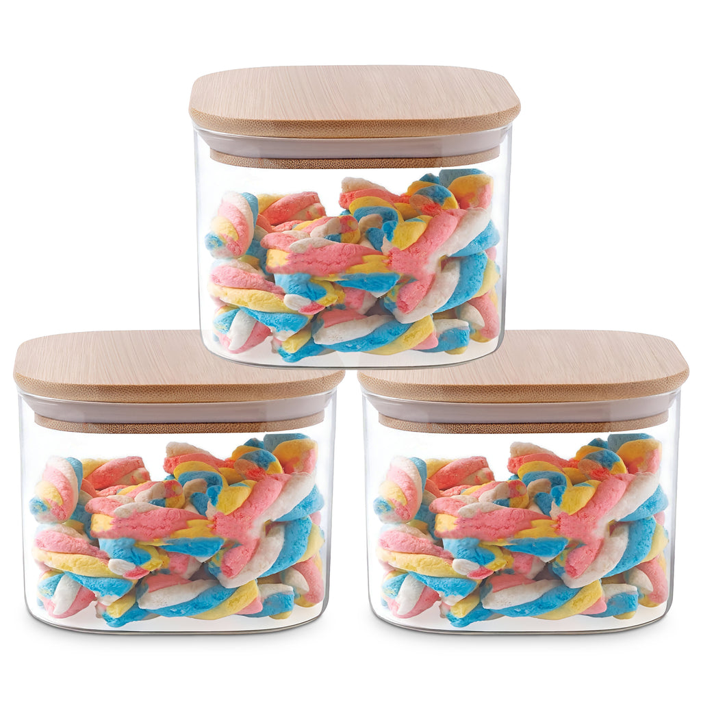 Allo 220ML Kitchen Storage Box Glass Jars With Wooden Lids - Borosilicate Glass Food Storage Containers Airtight Glass Jar For Tea, Coffee, Spice, Pulses, Masala (Square Glass Jar - Set of 3)