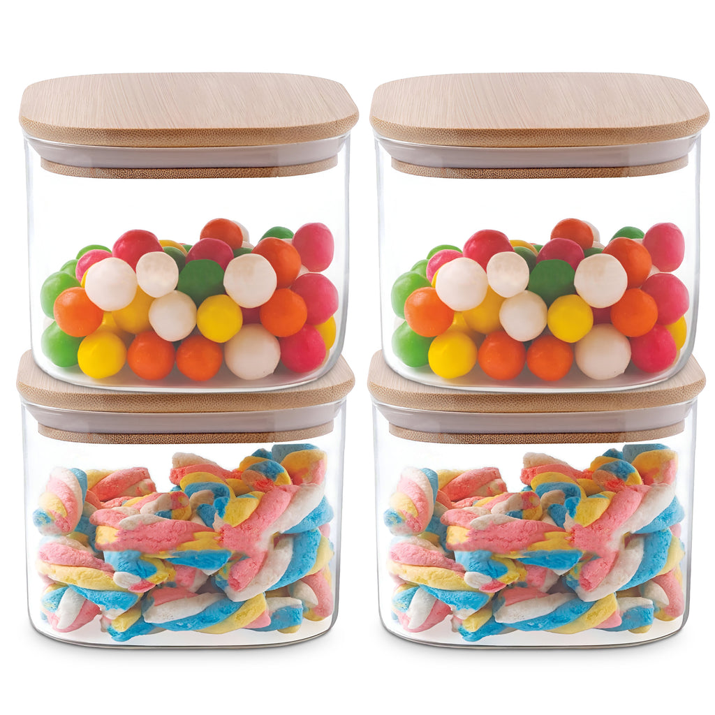 Allo 220ML Kitchen Storage Box Glass Jars With Wooden Lids - Borosilicate Glass Food Storage Containers Airtight Glass Jar For Tea, Coffee, Spice, Pulses, Masala (Square Glass Jar - Set of 4)