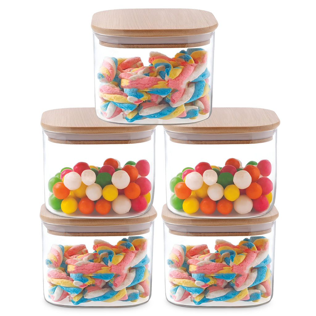 Allo 220ML Kitchen Storage Box Glass Jars With Wooden Lids - Borosilicate Glass Food Storage Containers Airtight Glass Jar For Tea, Coffee, Spice, Pulses, Masala (Square Glass Jar - Set of 5)