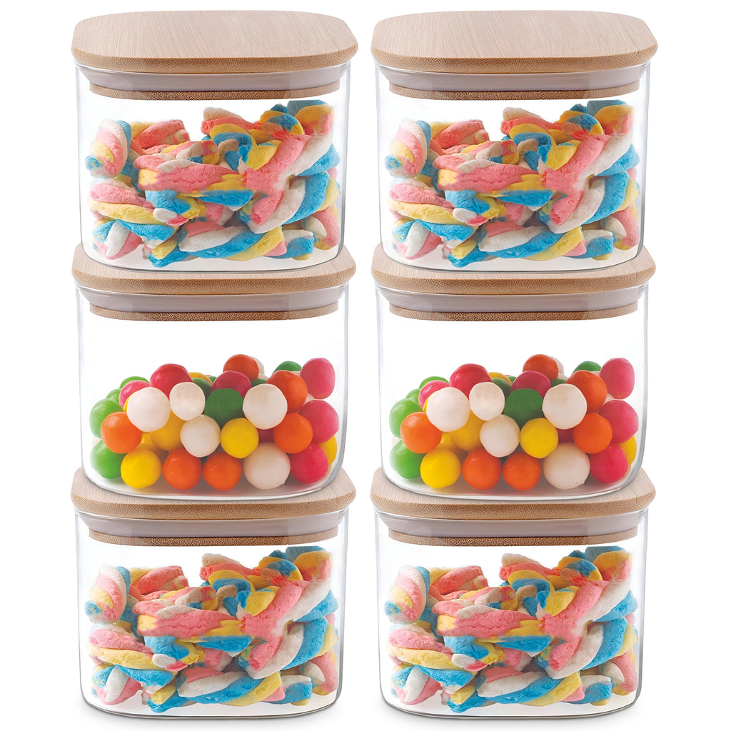 Allo 220ML Kitchen Storage Box Glass Jars With Wooden Lids - Borosilicate Glass Food Storage Containers Airtight Glass Jar For Tea, Coffee, Spice, Pulses, Masala (Square Glass Jar - Set of 6)