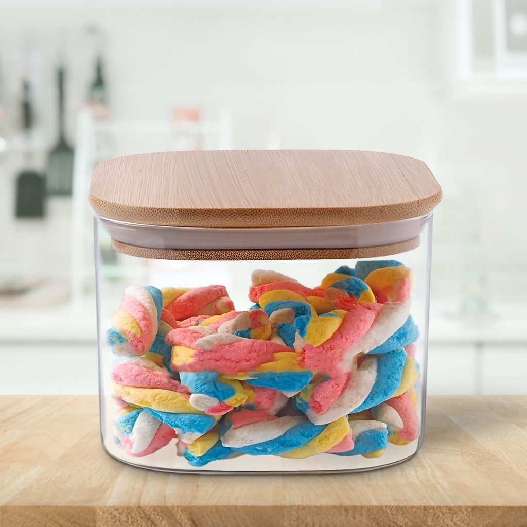 Allo 220ML Kitchen Storage Box Glass Jars With Wooden Lids - Borosilicate Glass Food Storage Containers Airtight Glass Jar For Tea, Coffee, Spice, Pulses, Masala (Square Glass Jar - Set of 1)