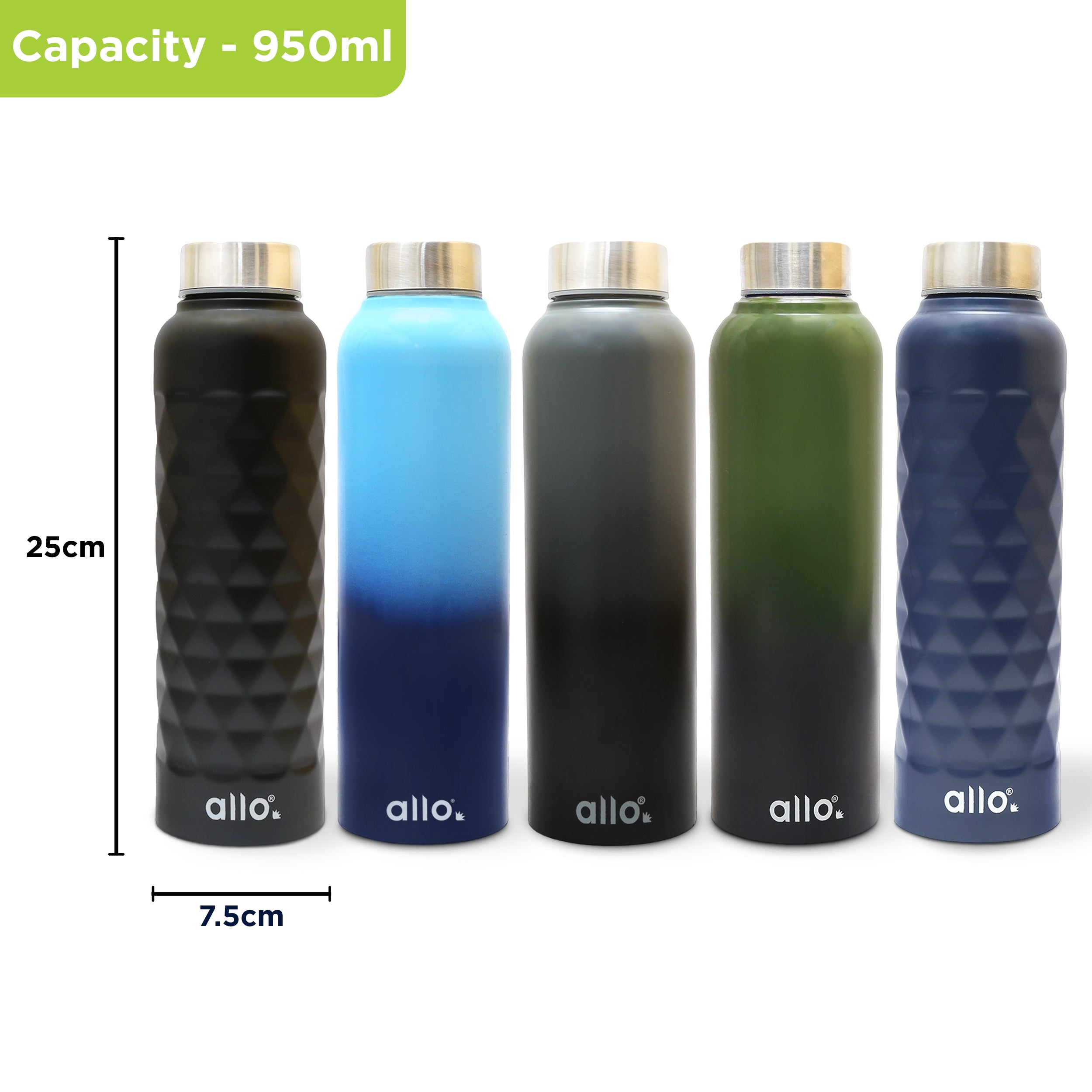Allo Stainless Steel Water Bottle For Adults, Kids 0.95 Litre Water Bottles For School, Office, Sports, Gym 950ML Water Bottle For Men And Women, Pack Of 5 | Leak Proof & Bpa Free, Multicolour
