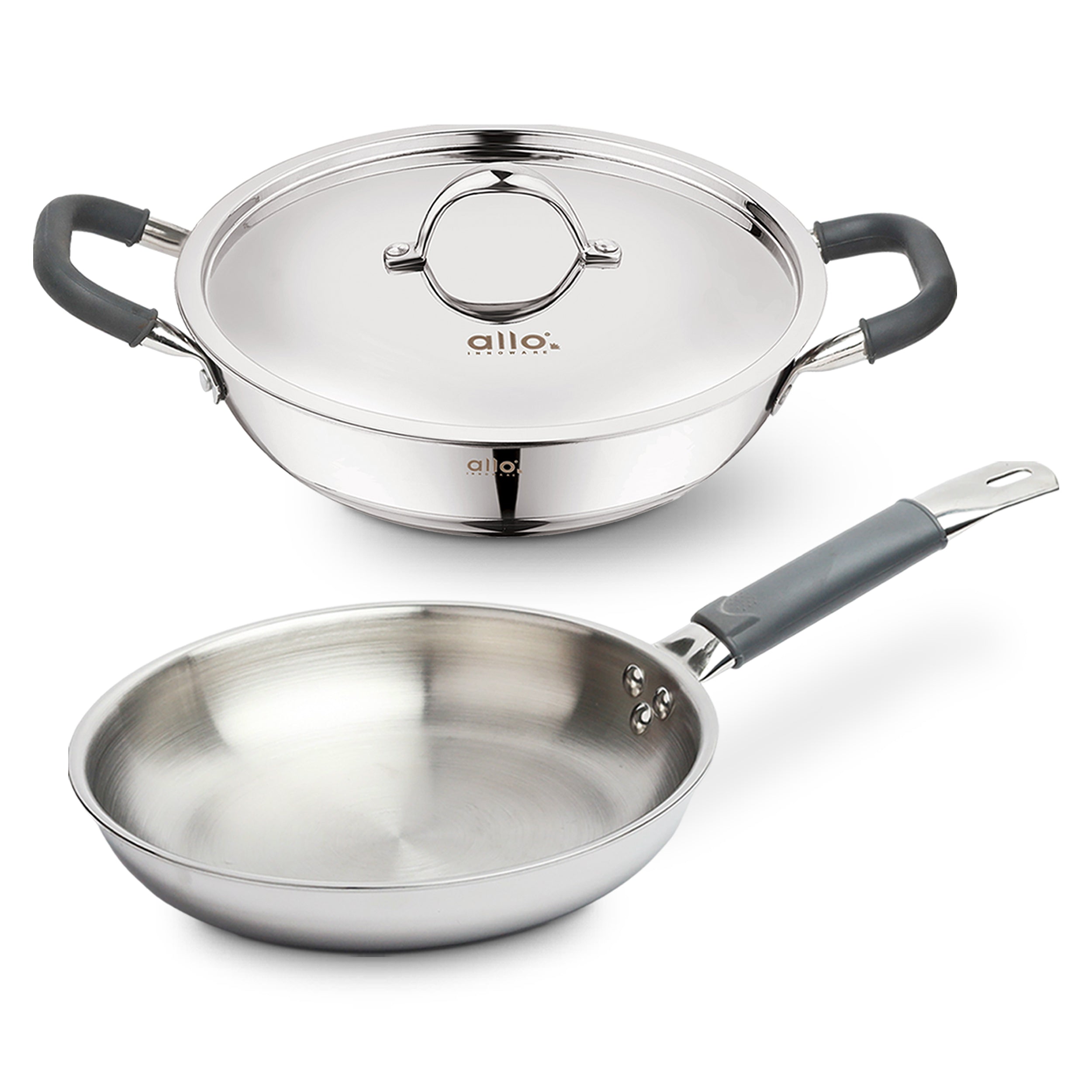 Allo Stainless Steel Triply Cookware Set | Kadai with Lid (22 Cm/3 L)+ Fry Pan (22 Cm/1.5L) | Perfect Cooking Combo for Curry/Stir-Fry/Deep-Fry/DryVeg/SautA Induction Friendly Set of 3Pcs | Nonstick