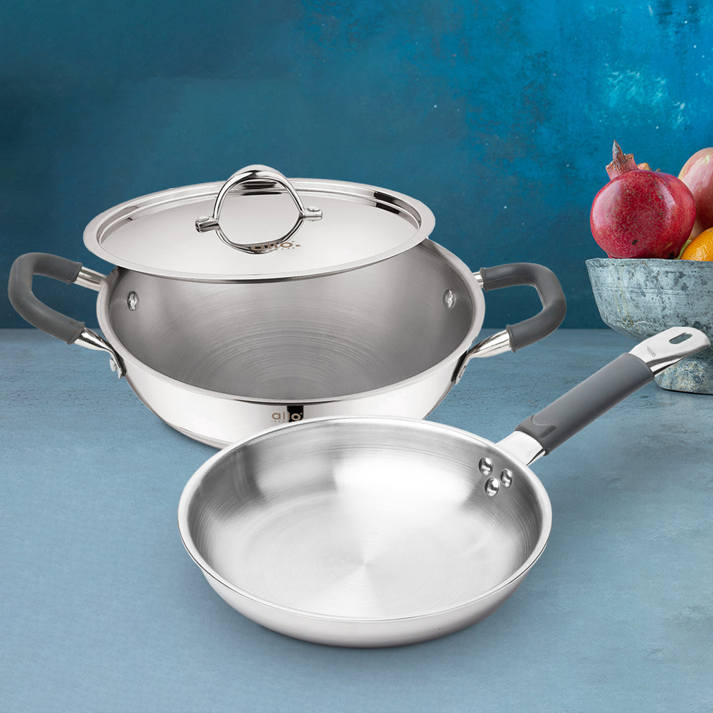 Allo CookSafe TriPly Stainless Steel Kadhai & Frypan 2pcs Combo Set of 2.7 Litres Kadhai with Lid and 1.5 litres Frypan without Lid - Induction Friendly - Naturally Non-Stick, 24Cm & 22Cm