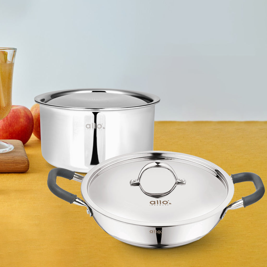 Allo CookSafe TriPly Stainless Steel Kadhai & Tope 2pcs Combo Set of 3 Litres Kadhai with Lid and 3.8 Litres Tope with Lid - Induction Friendly - Naturally Non-Stick, 26Cm & 20Cm