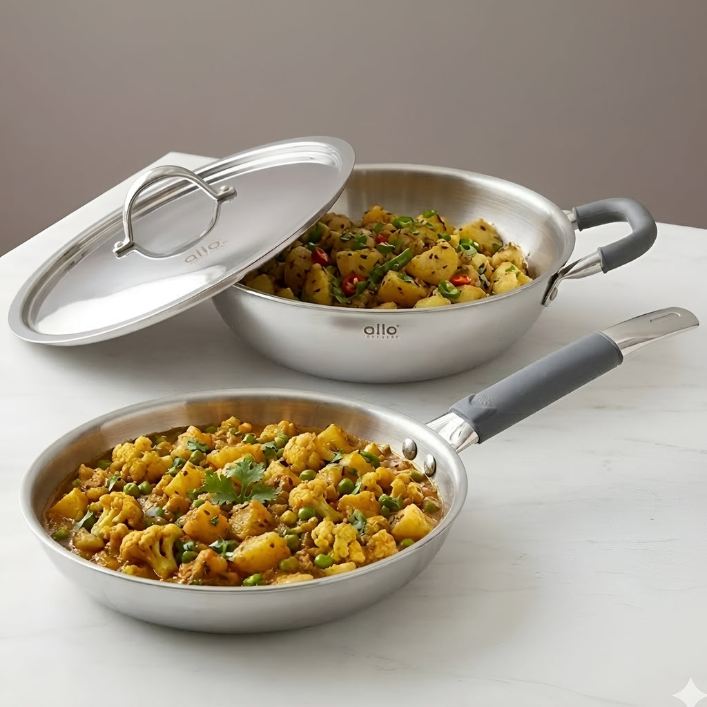 Allo Stainless Steel Triply Cookware Set | Kadai with Lid (22 Cm/3 L)+ Fry Pan (22 Cm/1.5L) | Perfect Cooking Combo for Curry/Stir-Fry/Deep-Fry/DryVeg/SautA Induction Friendly Set of 3Pcs | Nonstick