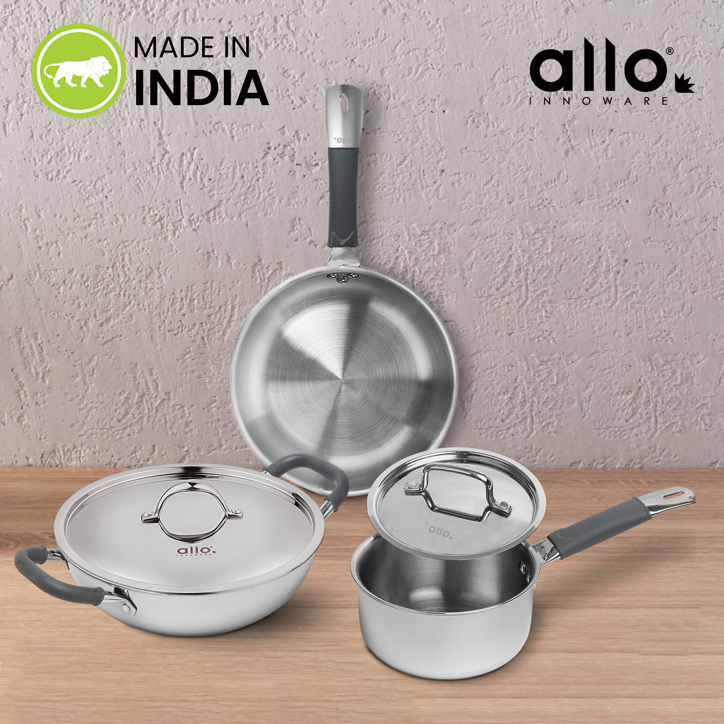 Allo Stainless Steel Triply Cookware Set | Kadai with Lid (22 Cm/3 L)+ Fry Pan (22 Cm/1.5L)+ Saucepan (16 Cm/1.5L) | Perfect Cooking Combo/Stir-Fry/Deep-Fry Induction Friendly Set of 5 | Nonstick