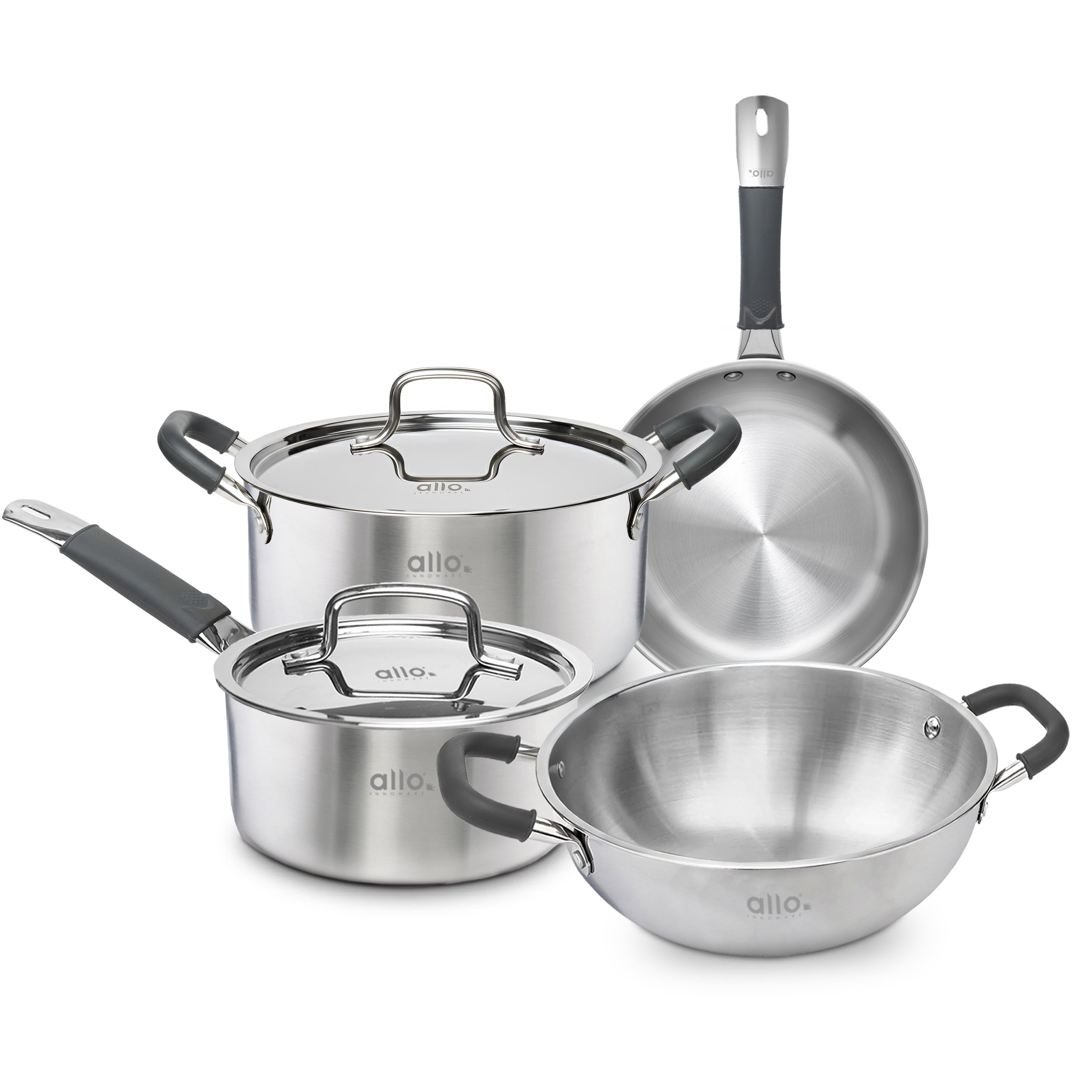 Allo Stainless Steel Triply Cookware Set | Kadai (20 Cm/1.5 L)+ Fry Pan (20 Cm/1 L)+ Saucepot (20 Cm/3.2 L)+ Saucepan (14 Cm/1 L) | Cooking Combo Stir-Deep-Fry/Induction Friendly Set of 7 | Nonstick