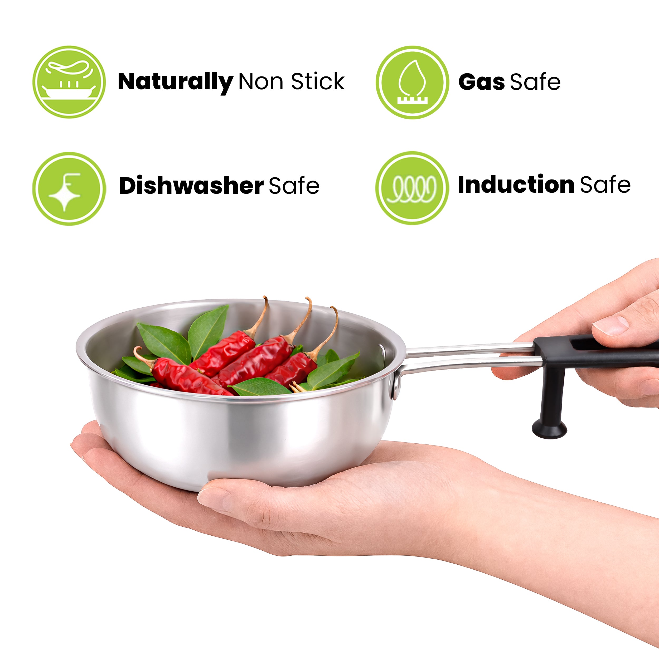 Allo Triply Stainless Steel 13cm Tadka Pan, 575ml, Naturally Non-Stick Cookware for Dal, Spice Tempering Seasoning, Long Wire Handle, Induction Base and Gas Stove Ready for Kitchen