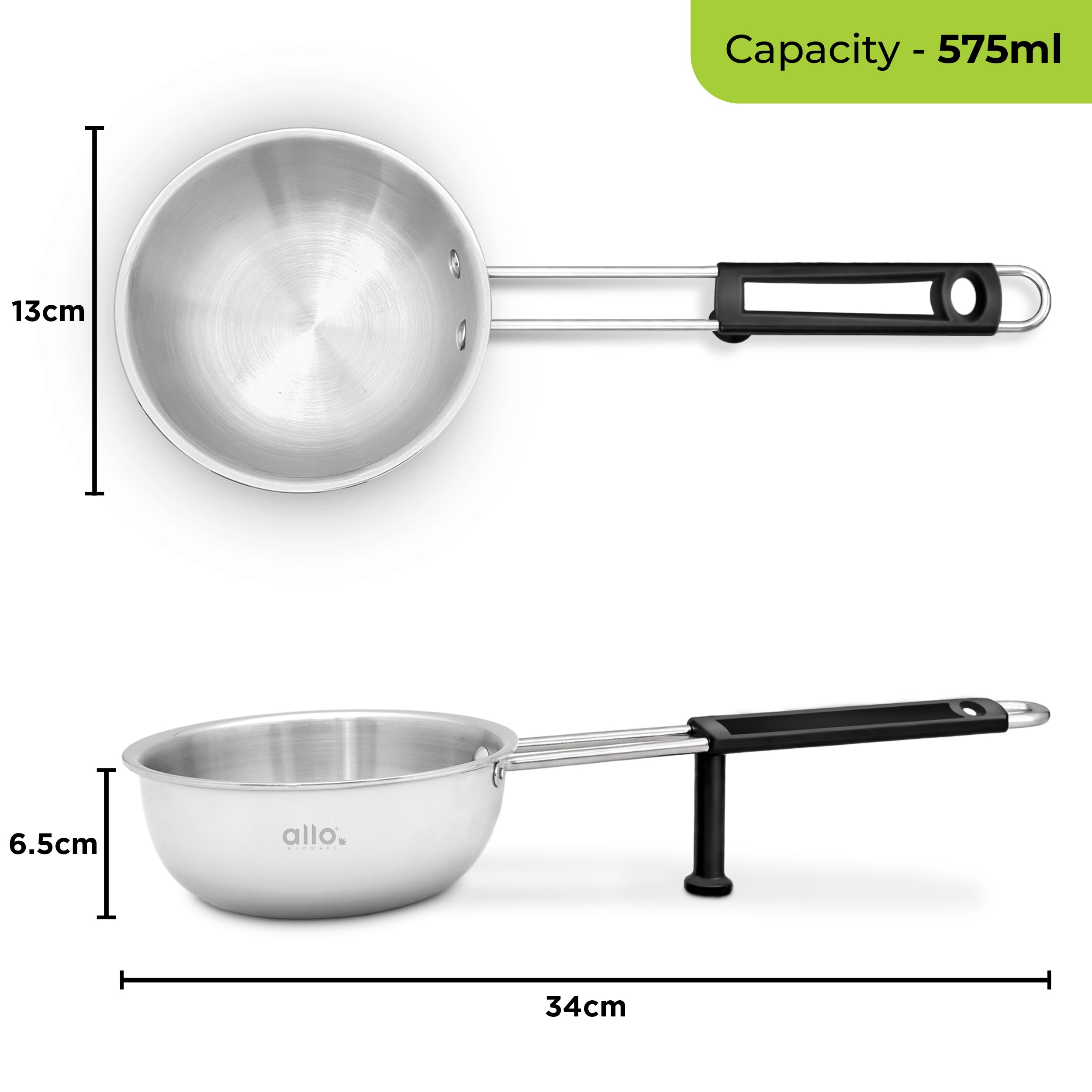 Allo Triply Stainless Steel 13cm Tadka Pan, 575ml, Naturally Non-Stick Cookware for Dal, Spice Tempering Seasoning, Long Wire Handle, Induction Base and Gas Stove Ready for Kitchen