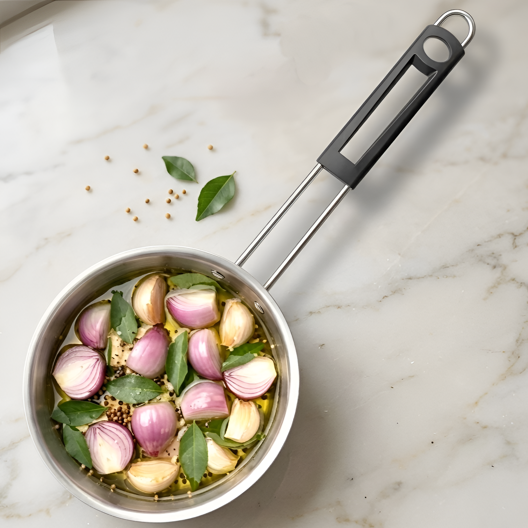 Allo Triply Stainless Steel 13cm Tadka Pan, 575ml, Naturally Non-Stick Cookware for Dal, Spice Tempering Seasoning, Long Wire Handle, Induction Base and Gas Stove Ready for Kitchen