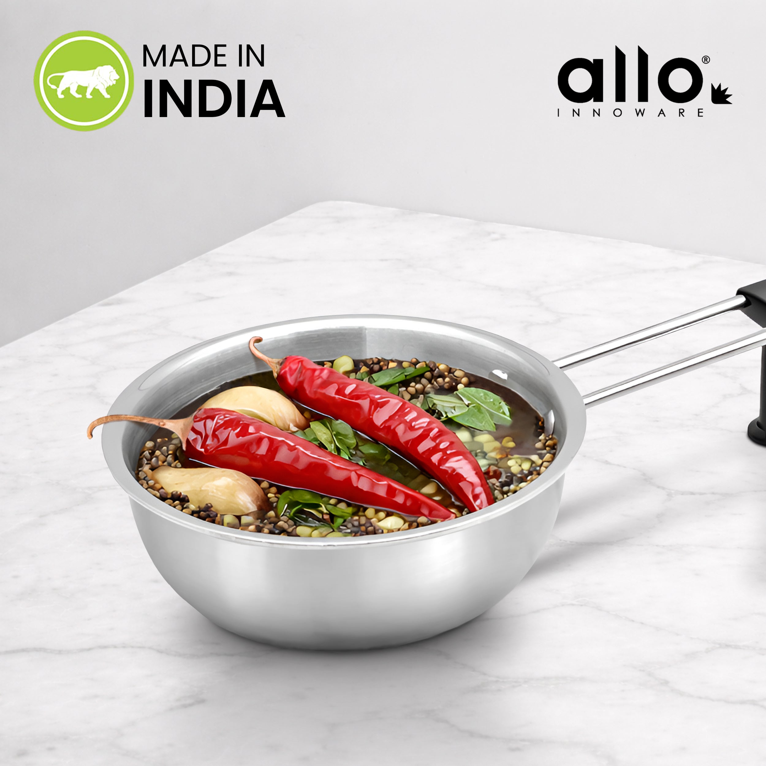 Allo Triply Stainless Steel 13cm Tadka Pan, 575ml, Naturally Non-Stick Cookware for Dal, Spice Tempering Seasoning, Long Wire Handle, Induction Base and Gas Stove Ready for Kitchen