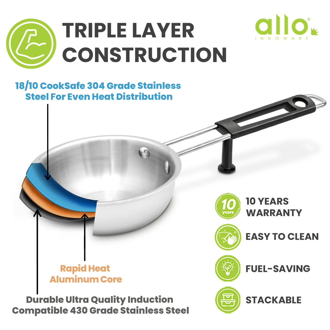 Allo Triply Stainless Steel 13cm Tadka Pan, 575ml, Naturally Non-Stick Cookware for Dal, Spice Tempering Seasoning, Long Wire Handle, Induction Base and Gas Stove Ready for Kitchen