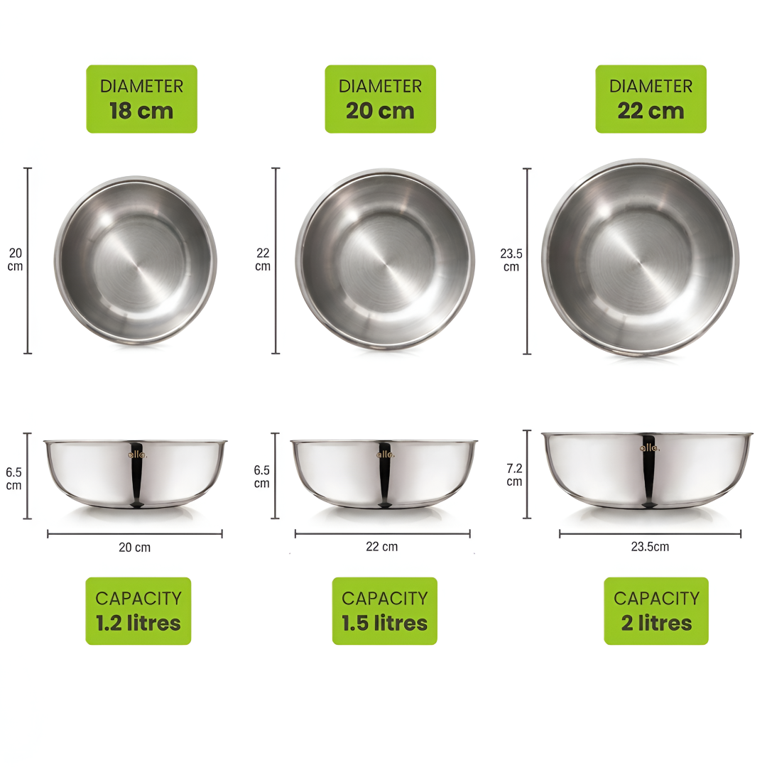 Allo Triply Stainless Steel Tasla|Ideal Tasla for Curry/Stir-Fry/Deep-Fry/DryVeg/Saut Induction Friendly, Heavy Base Kadhai Naturally Non-Stick | Set of 3Pcs 1.2Ltr, 1.5Ltr, 2Ltr | 10 Years Warranty