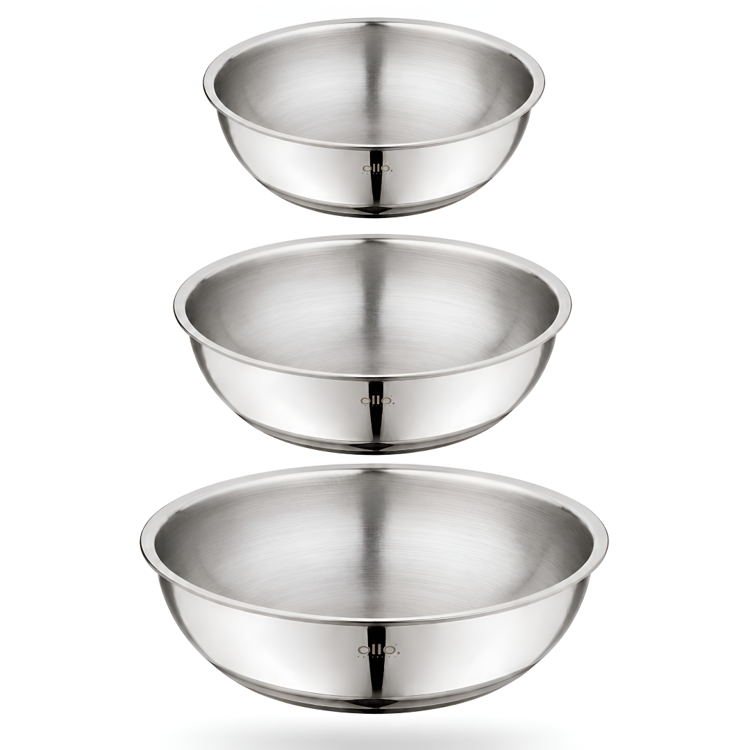 Allo Triply Stainless Steel Tasla|Ideal Tasla for Curry/Stir-Fry/Deep-Fry/DryVeg/Saut Induction Friendly, Heavy Base Kadhai Naturally Non-Stick | Set of 3Pcs 1.2Ltr, 1.5Ltr, 2Ltr | 10 Years Warranty