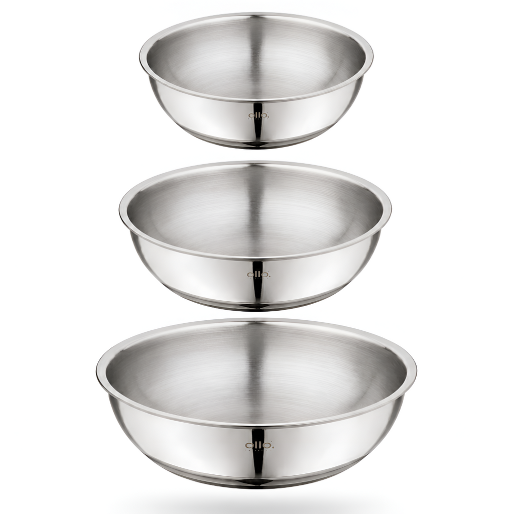 Allo Triply Stainless Steel Tasla|Ideal Tasla for Curry/Stir-Fry/Deep-Fry/DryVeg/Saut Induction Friendly, Heavy Base Kadhai Naturally Non-Stick | Set of 3Pcs 1.2Ltr, 1.5Ltr, 2Ltr | 10 Years Warranty