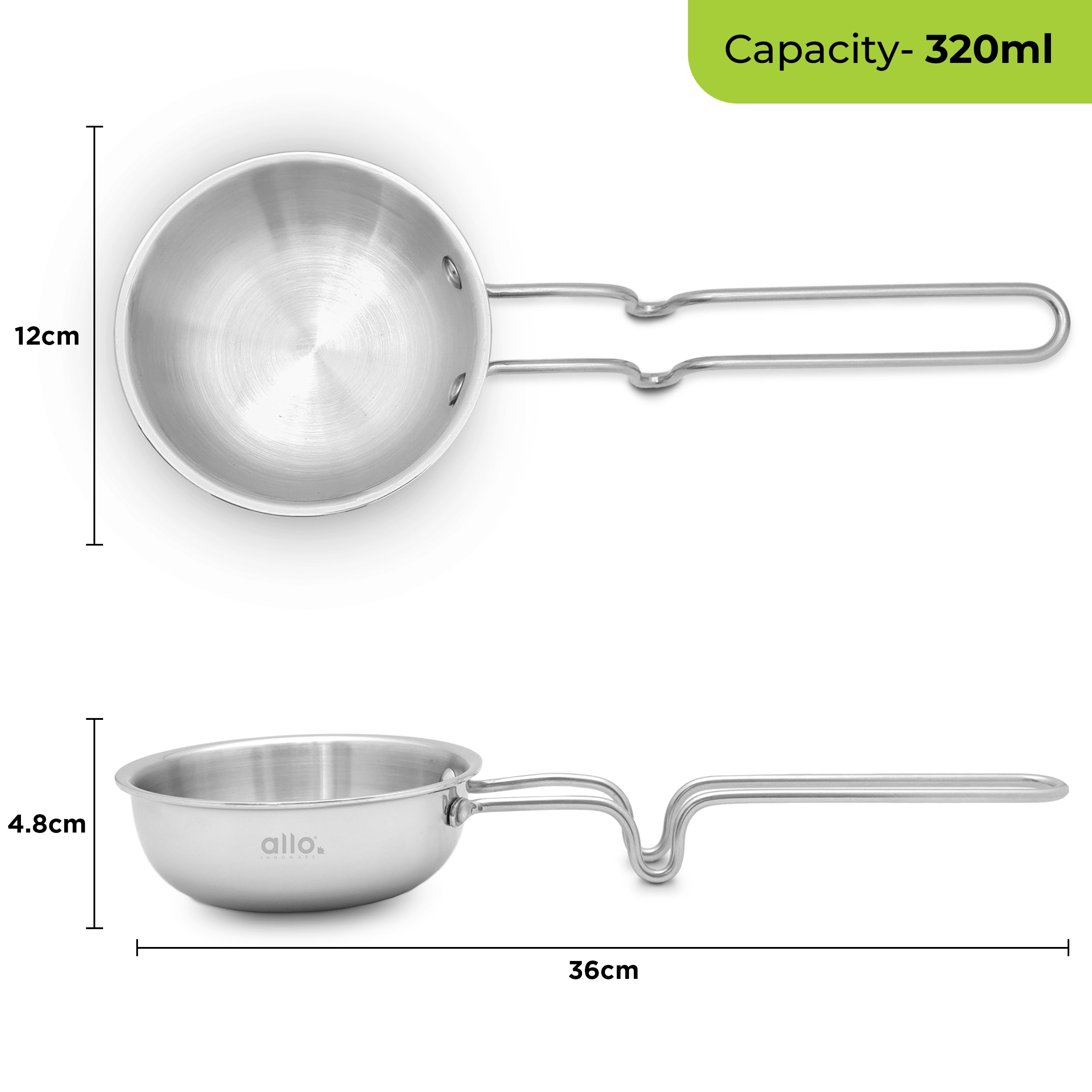 Allo TriPly Stainless Steel 12cm Tadka Pan, 320ml, Naturally Non Stick Cookware for Dal, Spice Tempering Seasoning, Long Wire Handle, Induction Base and Gas Stove Ready for Kitchen