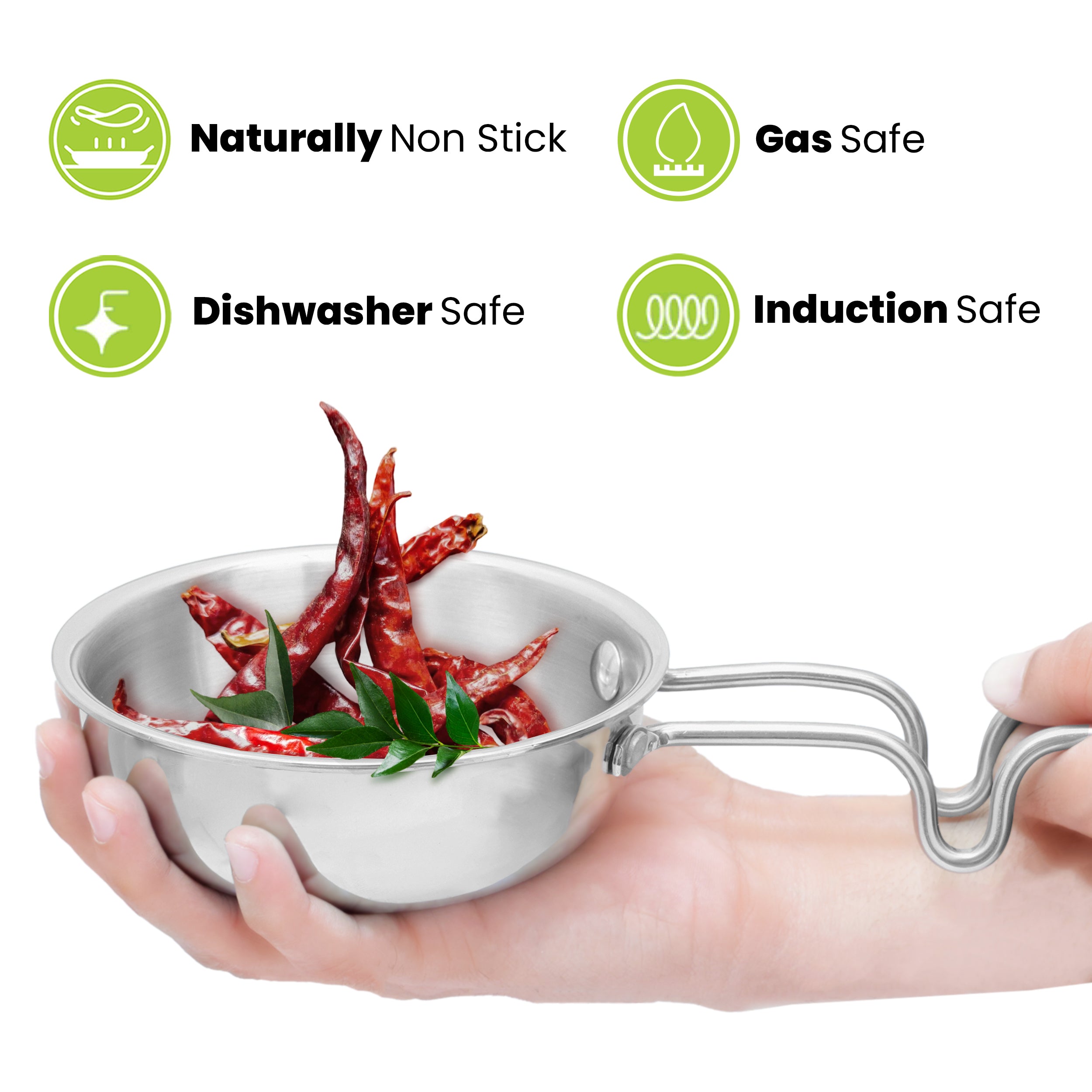 Allo TriPly Stainless Steel 12cm Tadka Pan, 320ml, Naturally Non Stick Cookware for Dal, Spice Tempering Seasoning, Long Wire Handle, Induction Base and Gas Stove Ready for Kitchen