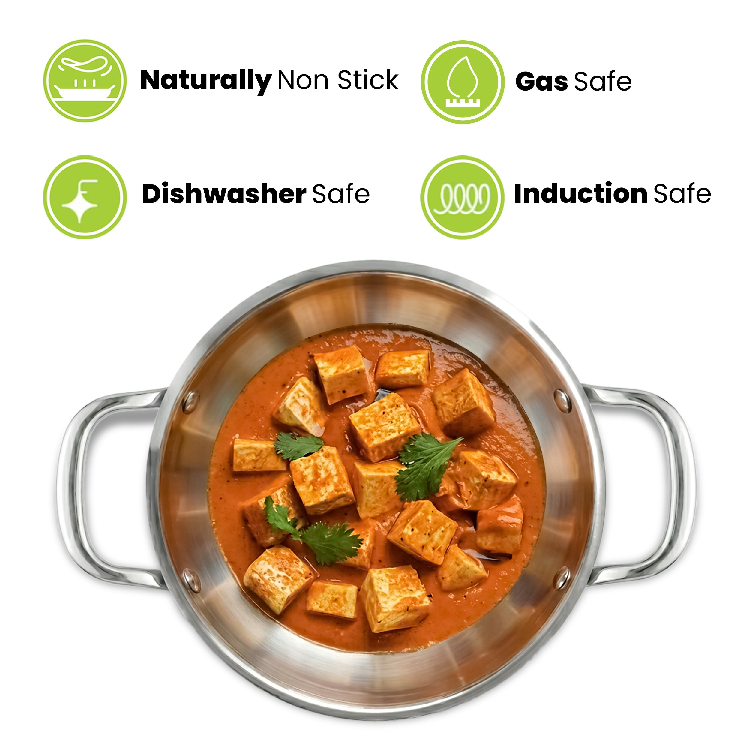 Allo Triply Stainless Steel Kadhai with Handles|Perfect Kadhai for Curry/Stir-Fry/Deep-Fry/DryVeg/Sauté Induction Friendly Naturally Non-Stick | 10 Years Warranty, 20cm, 1.5 litres With lid