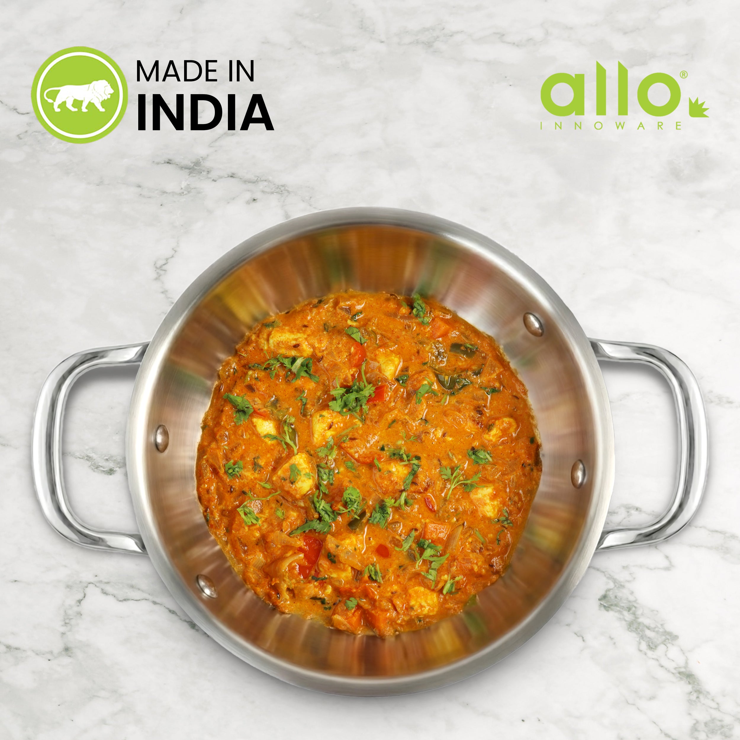 Allo Triply Stainless Steel Kadhai with Handles|Perfect Kadhai for Curry/Stir-Fry/Deep-Fry/DryVeg/Sauté Induction Friendly Naturally Non-Stick | 10 Years Warranty, 20cm, 1.5 litres Without lid