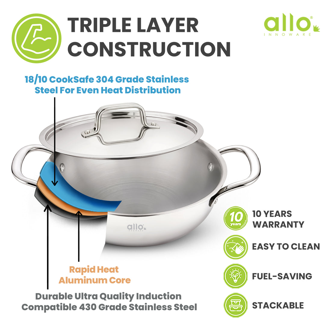 Allo Triply Stainless Steel Kadhai with Handles|Perfect Kadhai for Curry/Stir-Fry/Deep-Fry/DryVeg/Sauté Induction Friendly Naturally Non-Stick | 10 Years Warranty, 20cm, 1.5 litres With lid