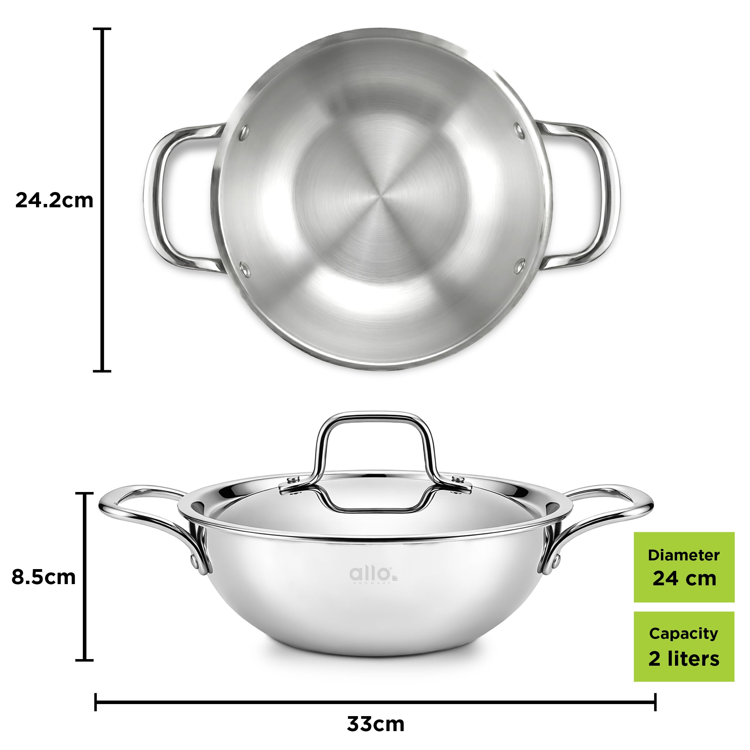 Allo Triply Stainless Steel Kadhai with Handles|Perfect Kadhai for Curry/Stir-Fry/Deep-Fry/DryVeg/Sauté Induction Friendly Naturally Non-Stick | 10 Years Warranty, 22cm, 2 litres With lid