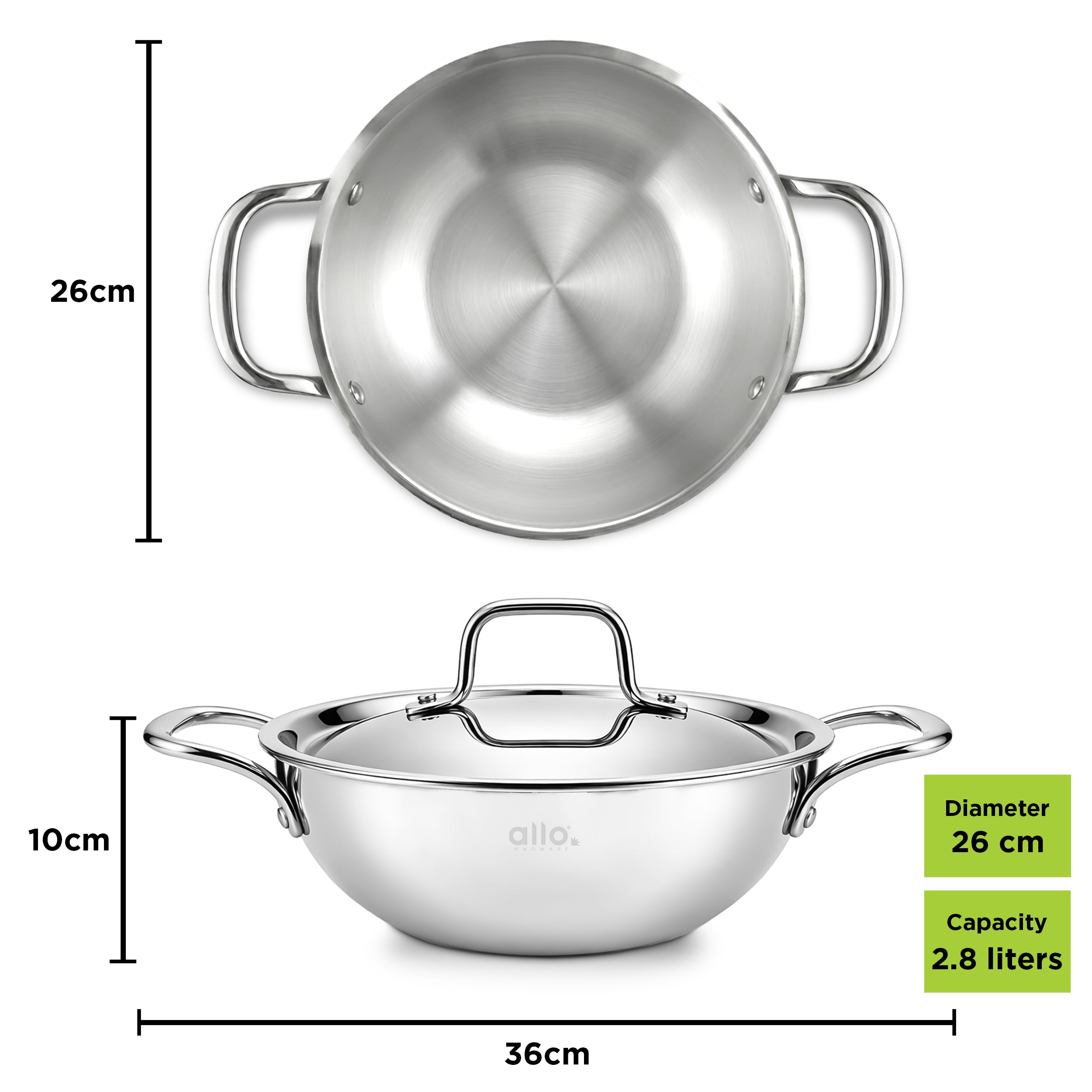 Allo Triply Stainless Steel Kadhai with Handles|Perfect Kadhai for Curry/Stir-Fry/Deep-Fry/DryVeg/Sauté Induction Friendly Naturally Non-Stick | 10 Years Warranty, 24cm, 2.8 litres With lid
