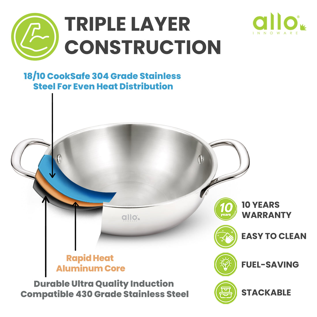 Allo Triply Stainless Steel Kadhai with Handles|Perfect Kadhai for Curry/Stir-Fry/Deep-Fry/DryVeg/Sauté Induction Friendly Naturally Non-Stick | 10 Years Warranty, 24cm, 2.8 litres Without lid