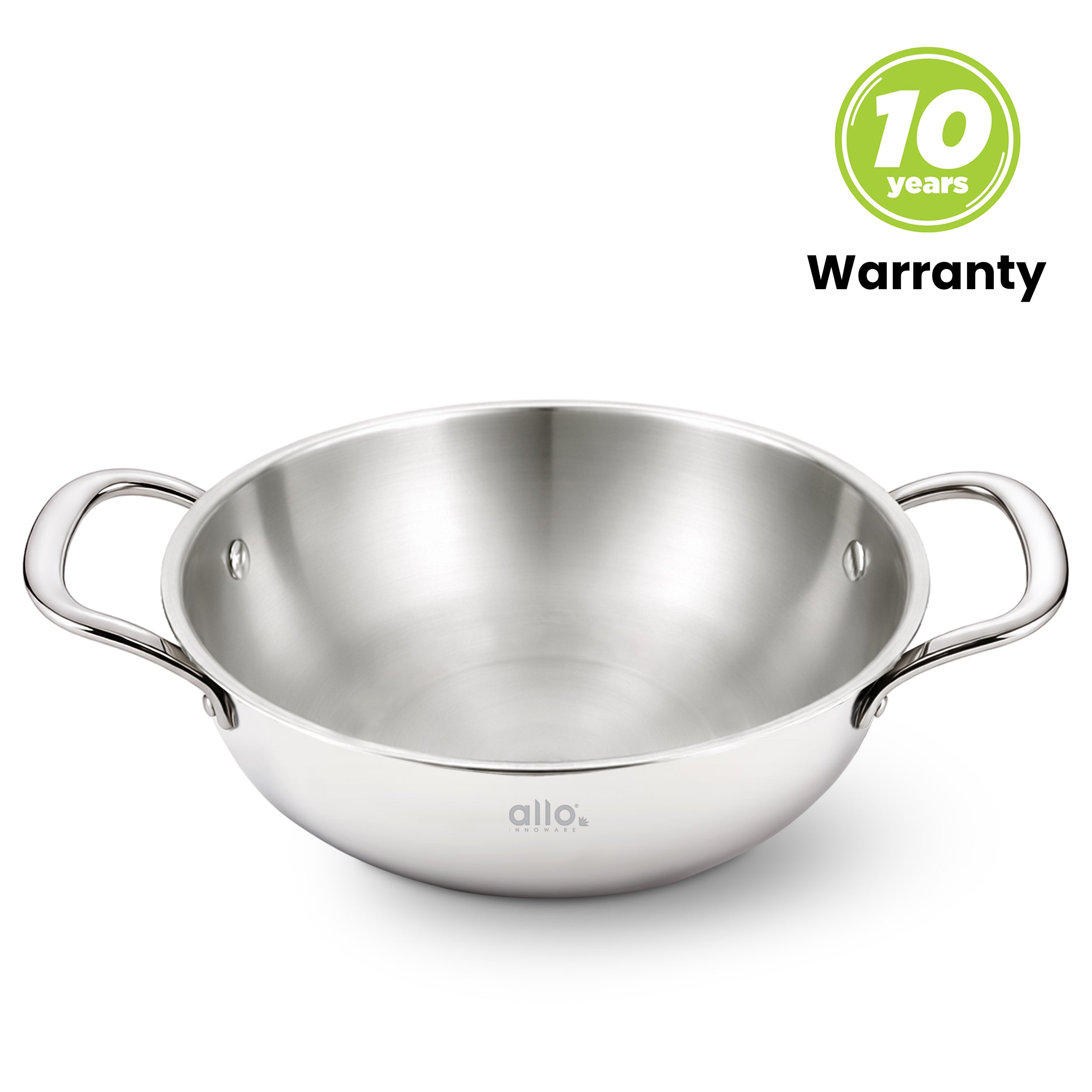 Allo Triply Stainless Steel Kadhai with Handles|Perfect Kadhai for Curry/Stir-Fry/Deep-Fry/DryVeg/Sauté Induction Friendly Naturally Non-Stick | 10 Years Warranty, 20cm, 1.5 litres Without lid