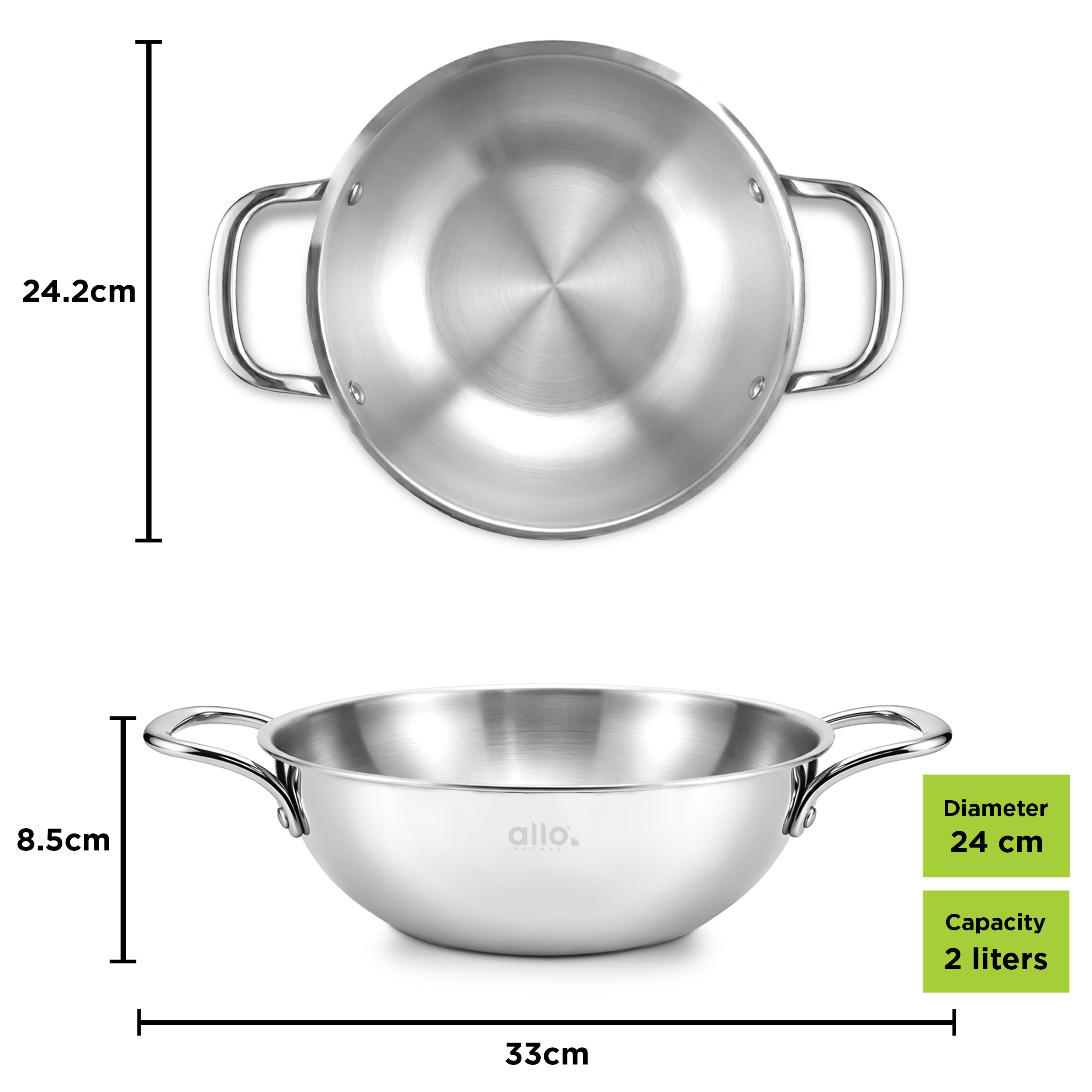 Allo Triply Stainless Steel Kadhai with Handles|Perfect Kadhai for Curry/Stir-Fry/Deep-Fry/DryVeg/Sauté Induction Friendly Naturally Non-Stick | 10 Years Warranty, 22cm, 2 litres Without lid
