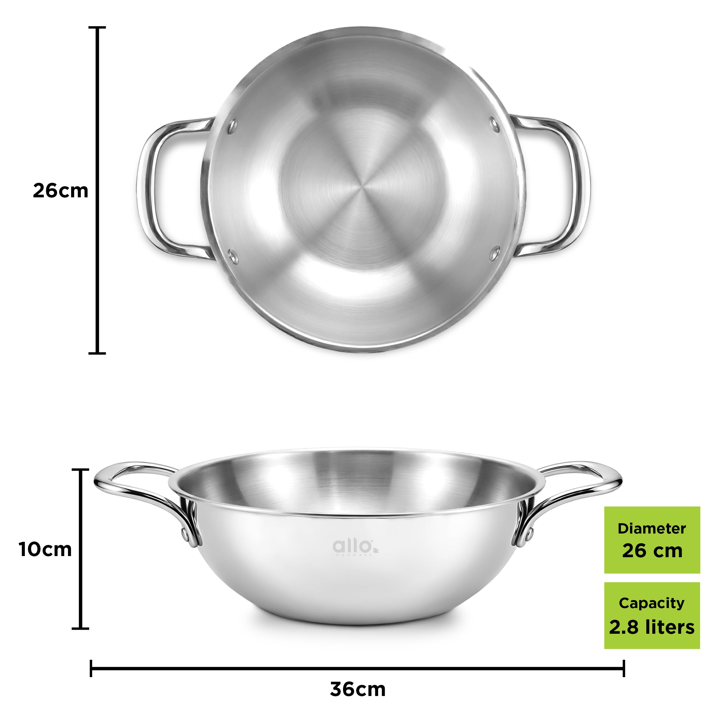 Allo Triply Stainless Steel Kadhai with Handles|Perfect Kadhai for Curry/Stir-Fry/Deep-Fry/DryVeg/Sauté Induction Friendly Naturally Non-Stick | 10 Years Warranty, 24cm, 2.8 litres Without lid