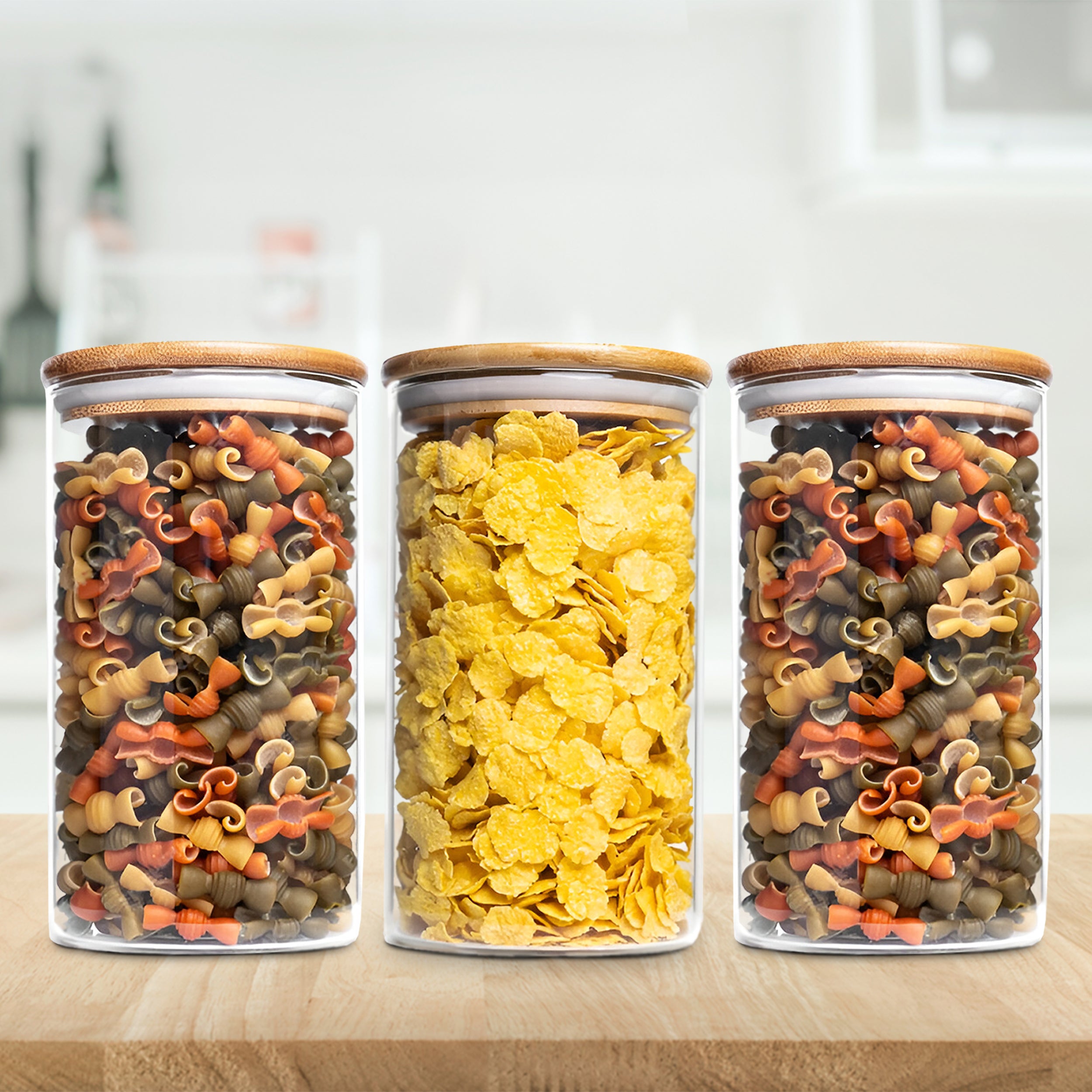 Allo 600ML Kitchen Storage Box Glass Jars With Wooden Lids - Borosilicate Glass Food Storage Containers Airtight Glass Jar for Tea, Coffee, Spice, Pulses, Masala (Round Glass Jar - Set of 3)