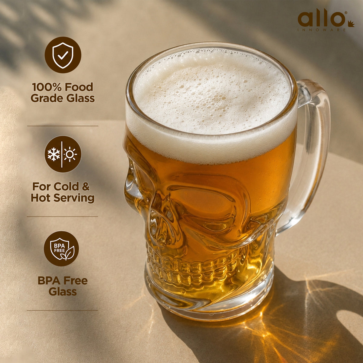 Allo Beer Mug And Drinking Glass Mugs, Set Of 2, 520 ml Each, Serves Beer, Juice, Mocktail, Alcohol, Cocktail, Drinking Glass With Handle, Fluted Glass | Gift Set Packaging | Transparent Skull Face