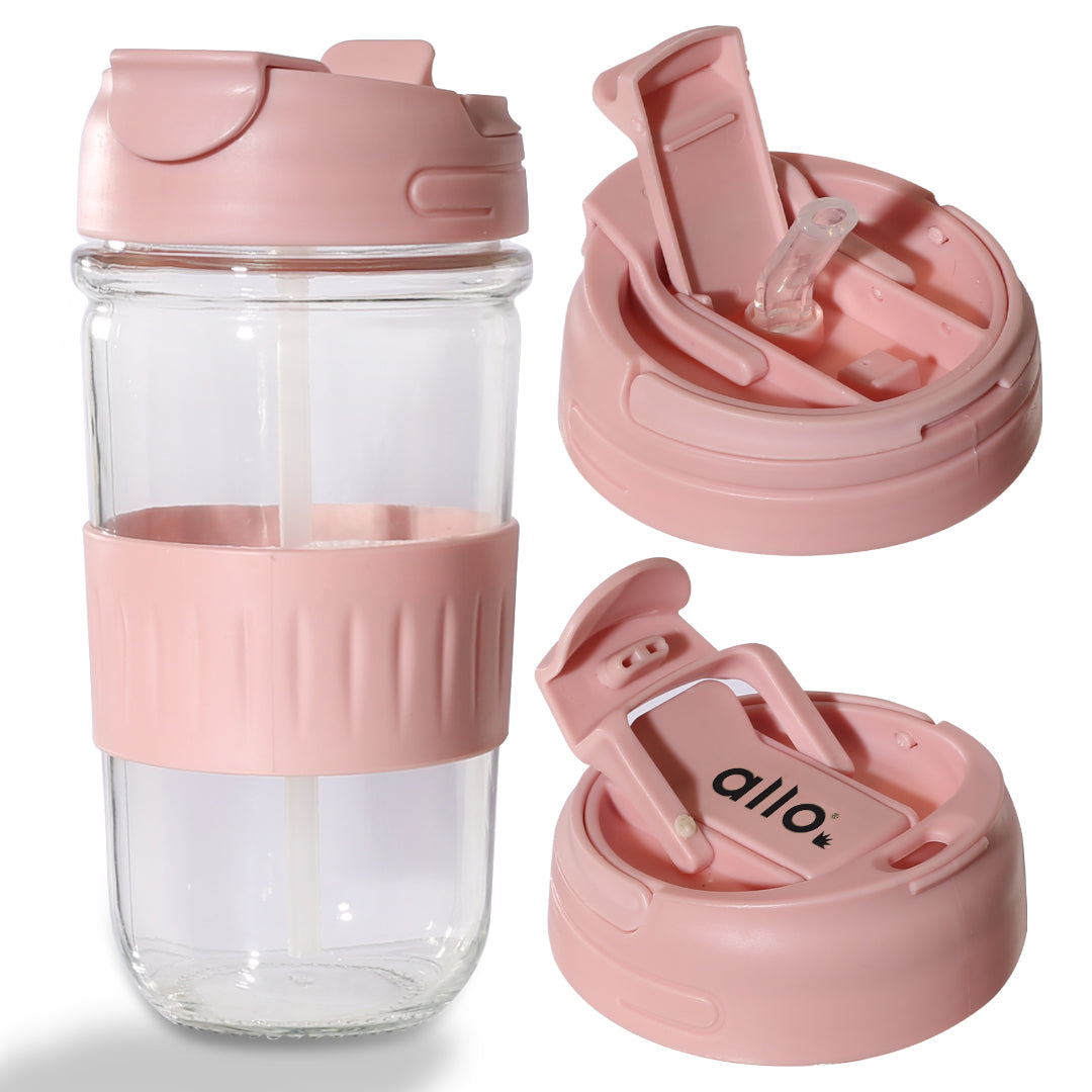 Allo Reusable Glass Mug Sipper Tumbler with Straw, Unique 2 in 1 Anti Spill Lid | Microwave Safe Leakproof Glass with Anti-Slip Grip for Hot & Cold Coffee|| Car, Office, Travel use | 500ml (Pink)