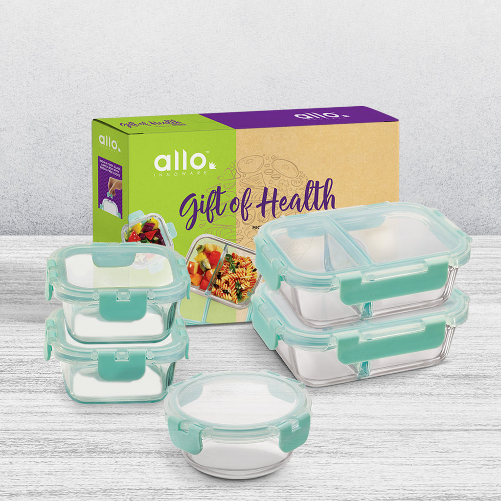 310ml x 2, 390ml x 2, 580ml x 2 Allo FoodSafe Microwave Oven Safe Glass Container Gift Box Combo 5pc with Break Free Detachable Lock