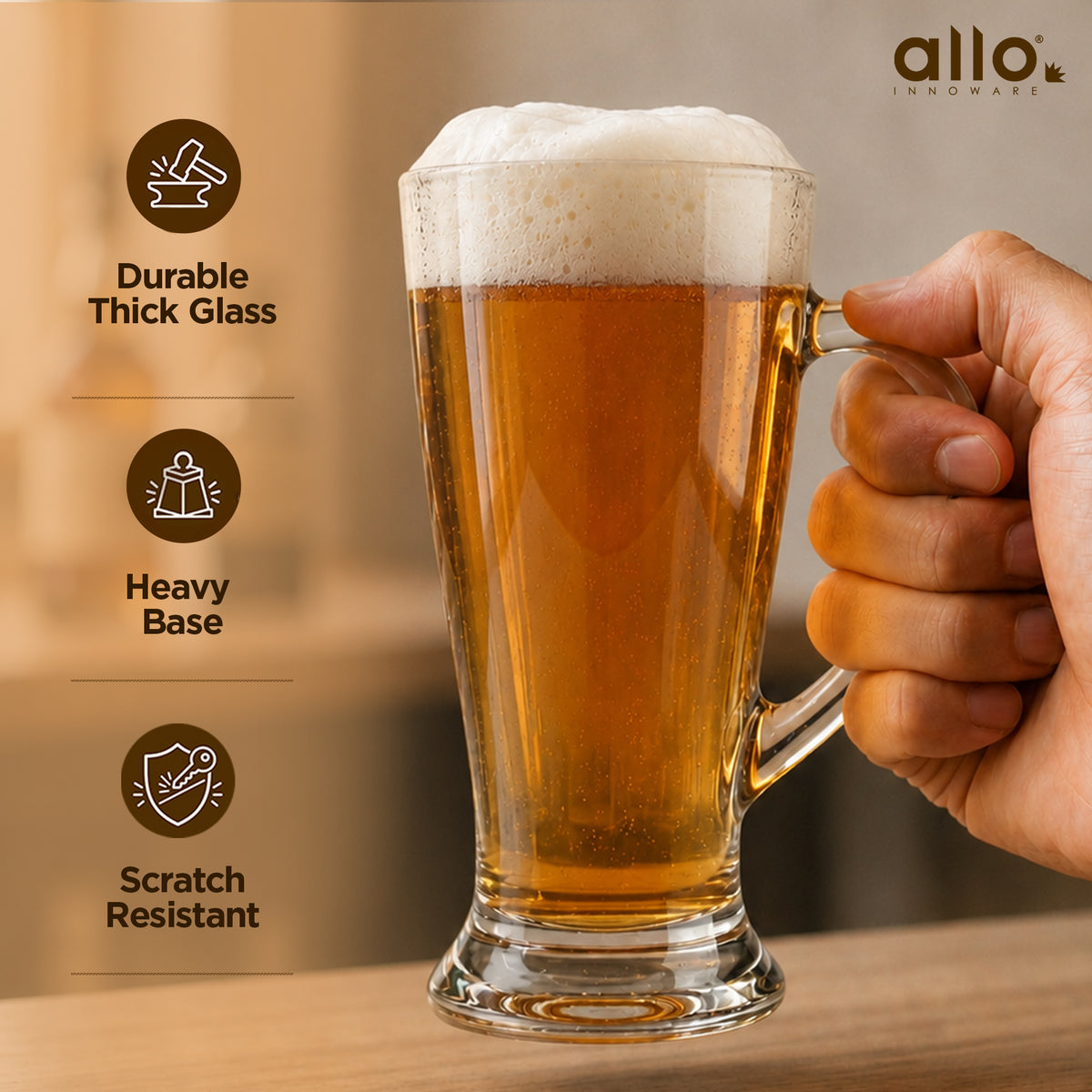 Allo Beer Mug And Drinking Glass Mugs, Set Of 2, 290 ml Each, Serves Beer, Juice, Mocktail, Alcohol, Cocktail, Drinking Glass With Handle | Gift Set Packaging | Transparent Pilsner Glass