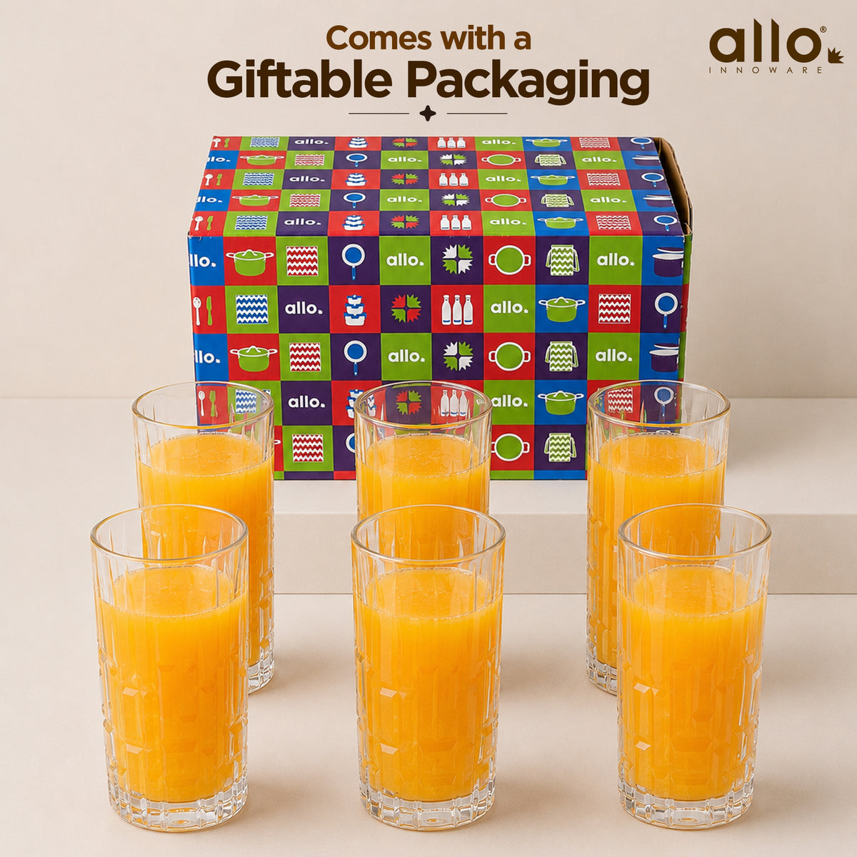 Allo Premium Glass Set Of 6, 280 ml, Latest Design Glasses For Water, Juice, Whisky, Cold Drink | Lead Free | Perfect For Home & Parties, Gift Set Packaging | Transparent Textured Block Glass