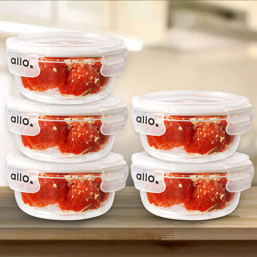 Allo Food Safe Glass Containers with Lids, 450°C Oven Microwave Safe Containers, High Borosilicate Meal Prep Glass Food Storage Containers for Kitchen, 400ml x 5, Round