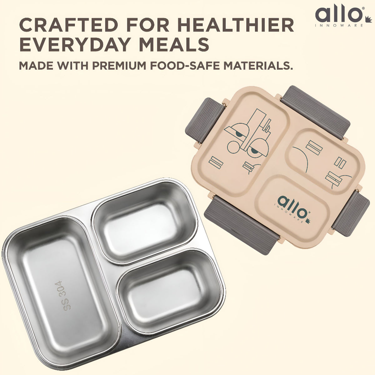 Allo Bento Stainless Steel Lunch Box for Kids- BIS Approved, 304 Stainless Steel 3 Compartment Leakproof Tiffin Box for Boys and Girls for School, Travelling, Baby Snacks, 740ml Beige Cool Eyes