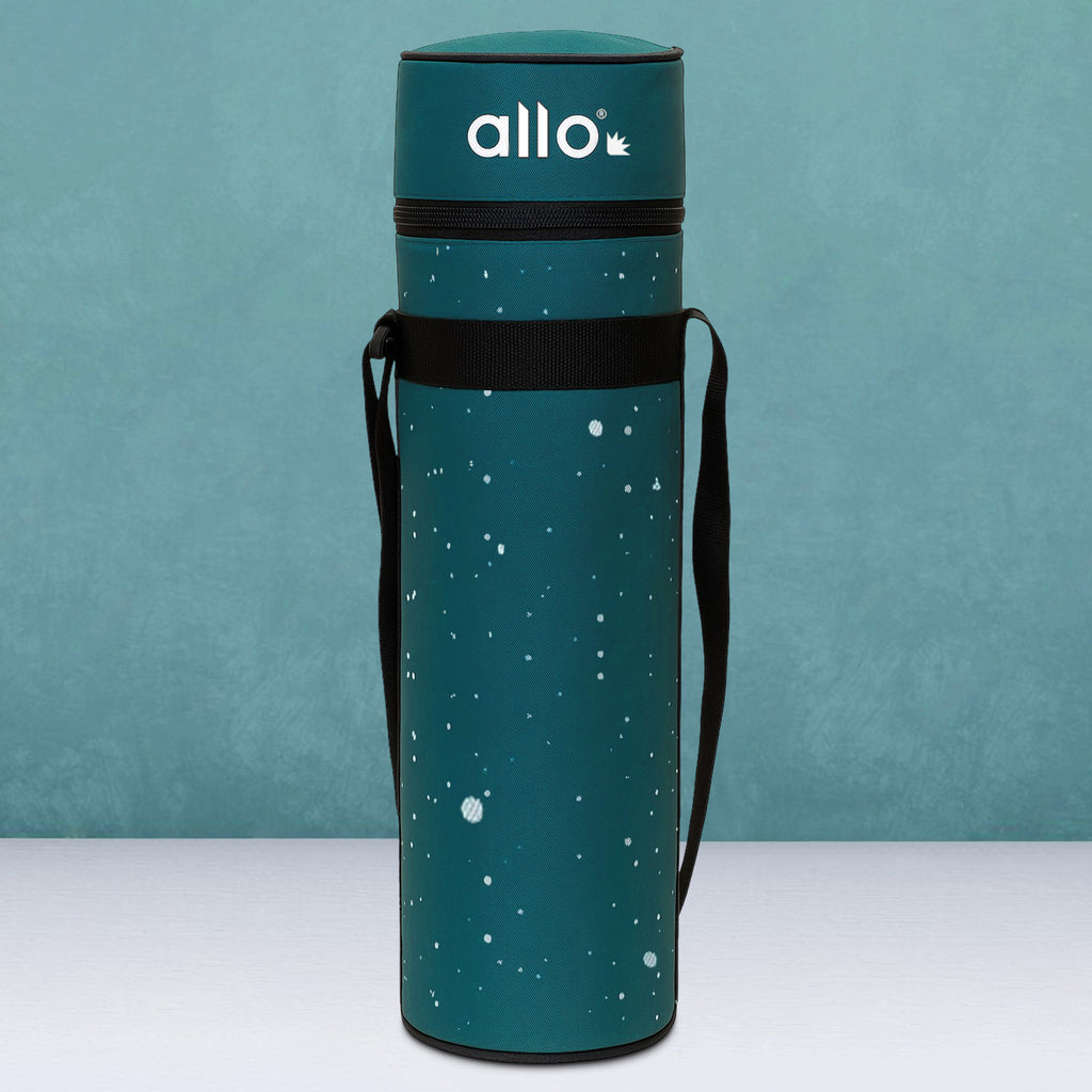 Allo Polyester Thermal Insulated 1L Bottle Cover – Water-Proof Modern Carrier Sleeve with Adjustable Shoulder Handle & Zipper Closure for Travel, Hiking, Office & School, Splash Green