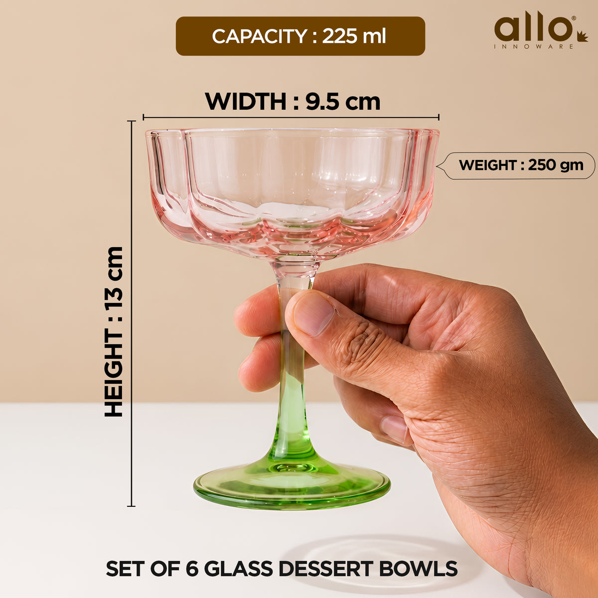 Allo Glass Ice Cream Bowl Set Of 6, 225 ml, Dessert Glasses For Icecream, Pudding, Candy, Snacks, Dates, Dry Fruit | Cups For Gifting And Serving, Gift Set Packaging | Floral Pink and Green Glass Bowl