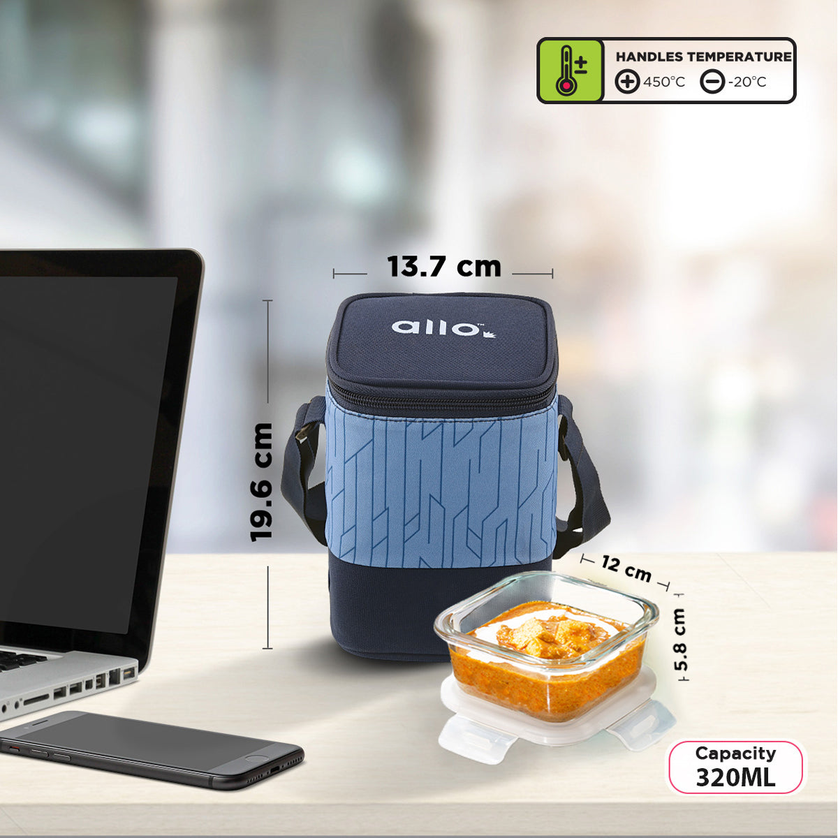 Allo Food Safe Glass Lunch Box, 450°C Microwave Safe Lunch Box, Borosilicate Glass Tiffin for office with Space Blue Tiffin Bag, Set of 3, 320ml x 3, square
