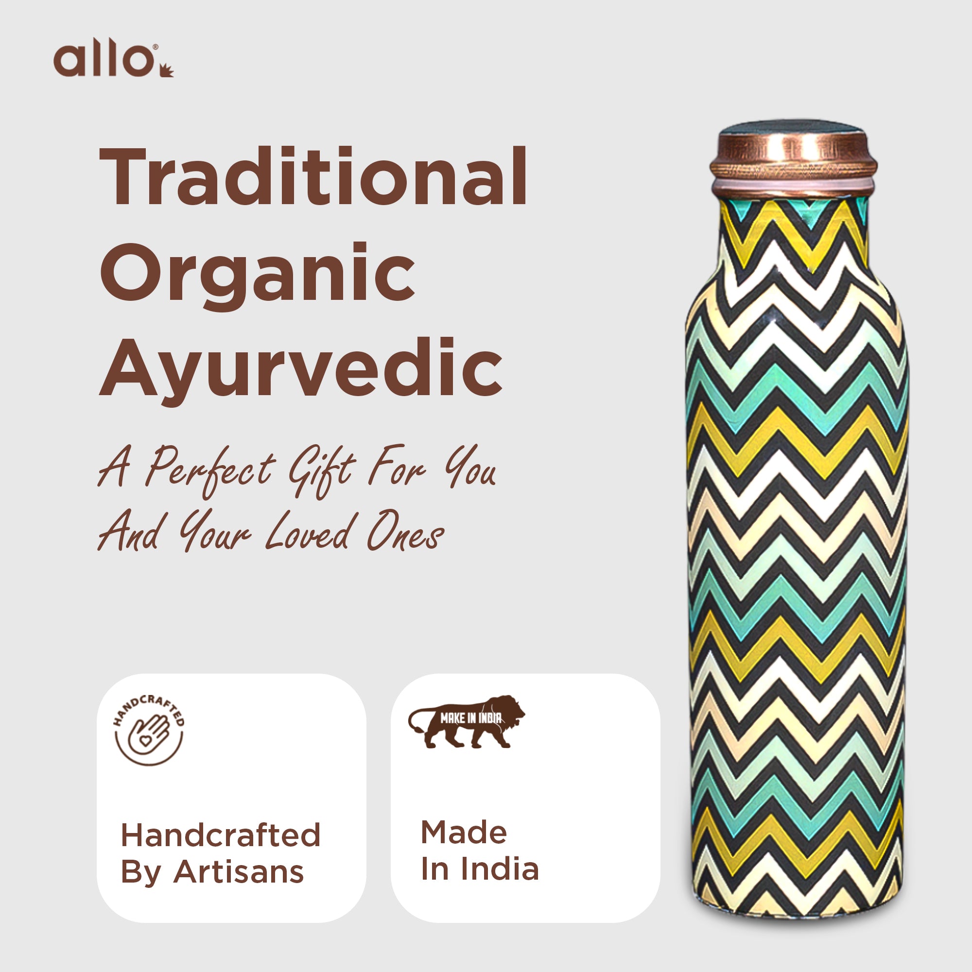 Allo Pure Copper Water Bottle 1 Litre Copper Bottle | Alkaline and Anti Oxidant | 100% Leak Proof, Office, Gym Bottle, Modern Tamba Bottle for Adults, Best Gift for Diwali (Chevron Green & Yellow)