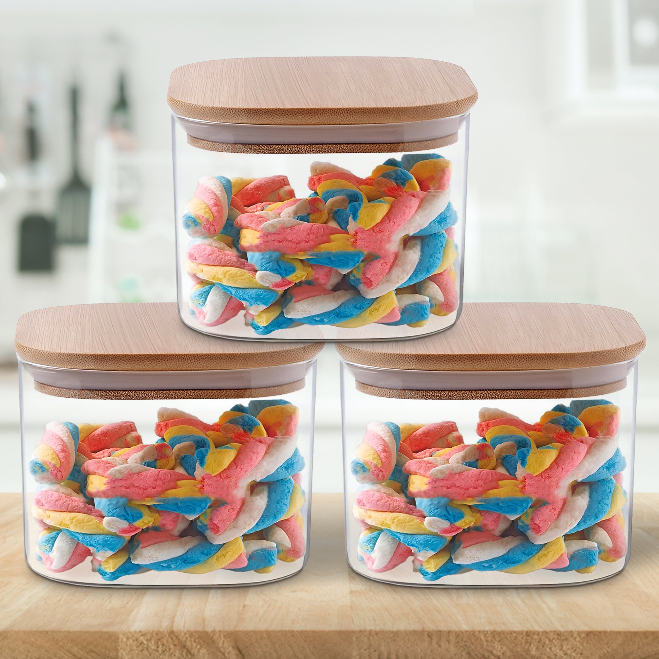 Allo 300ML Kitchen Storage Box Glass Jars With Wooden Lids - Borosilicate Glass Food Storage Containers Airtight Glass Jar For Tea, Coffee, Spice, Pulses, Masala (Square Glass Jar - Set of 3)
