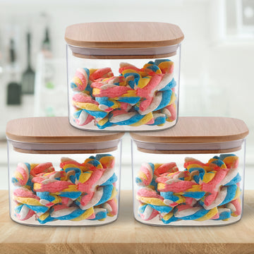 Allo 300ML Kitchen Storage Box Glass Jars With Wooden Lids - Borosilicate Glass Food Storage Containers Airtight Glass Jar For Tea, Coffee, Spice, Pulses, Masala (Square Glass Jar - Set of 3)